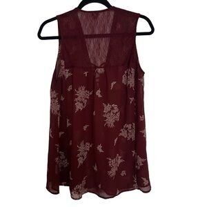 Lily White Burgundy Floral Lace Detail Lace Up Sleeveless Blouse Large